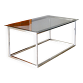 Table basse rectangulaire piètements en chrome et verre fumé, design, 1970