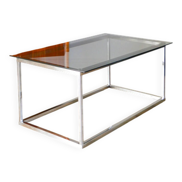 Rectangular coffee table with chrome legs and smoked glass, design from the 1970s.