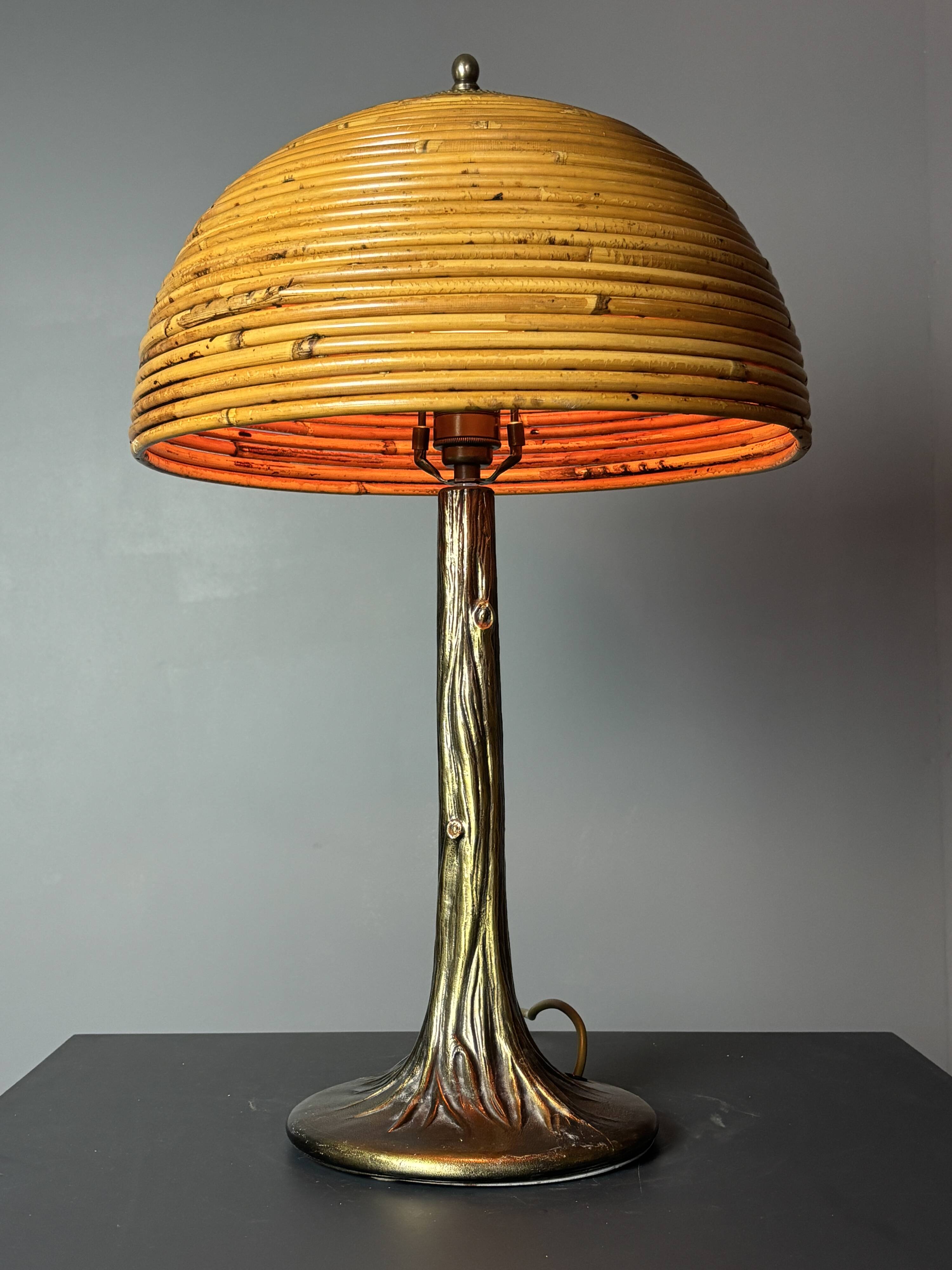 Mid-Century Pencil Reed Rattan Bamboo and Brass Table Lamp, 1970s
