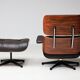 Fauteuil Eames XL et repose-pieds en palissandre de Santos avec cuir chocolat.