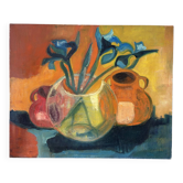 Nature morte 1974 orange et bleue, huile sur toile signée