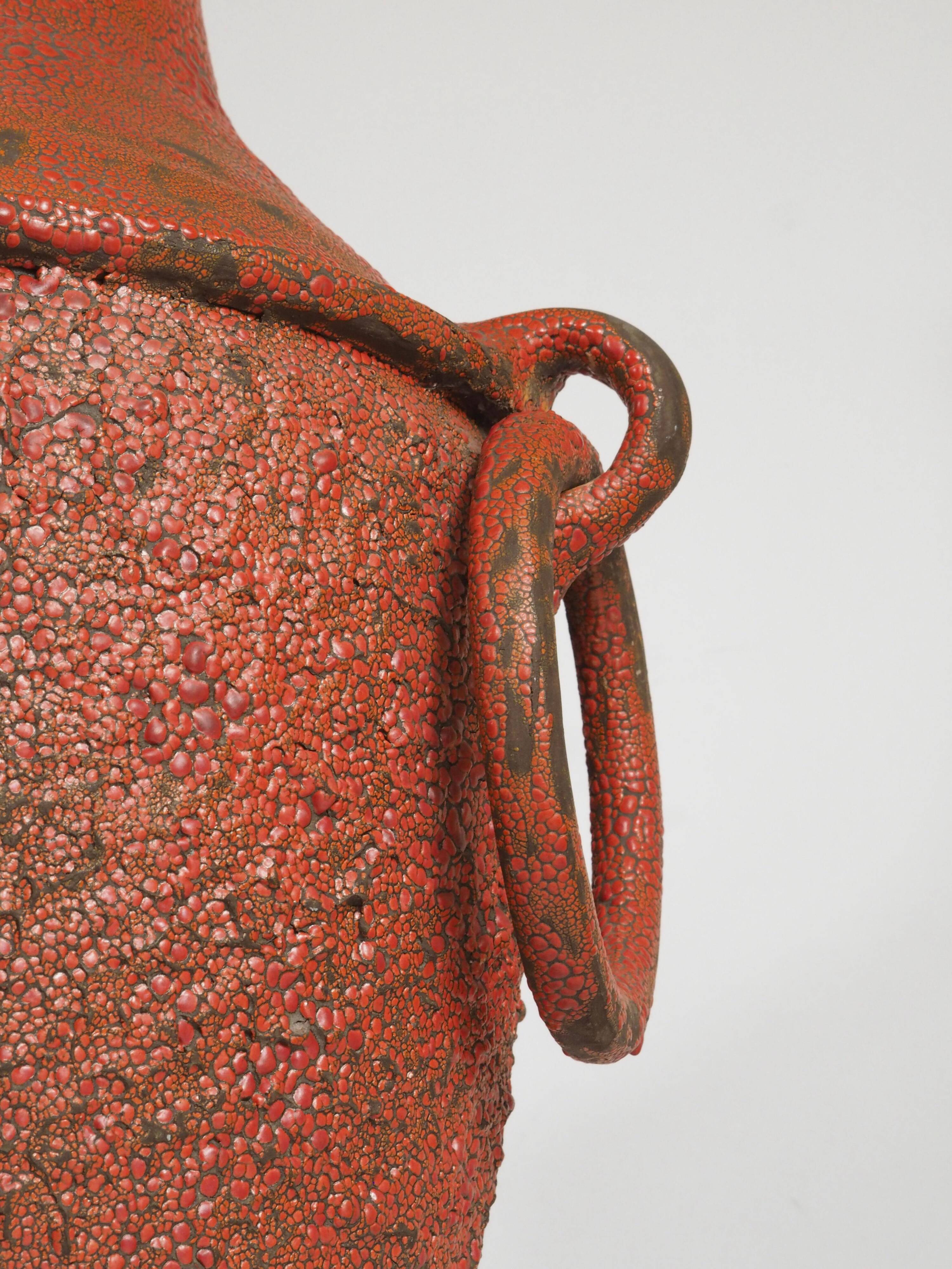 Monumental sun vase "Fat Lava" from the mid-century, with a rare movable ceramic handle handmade.