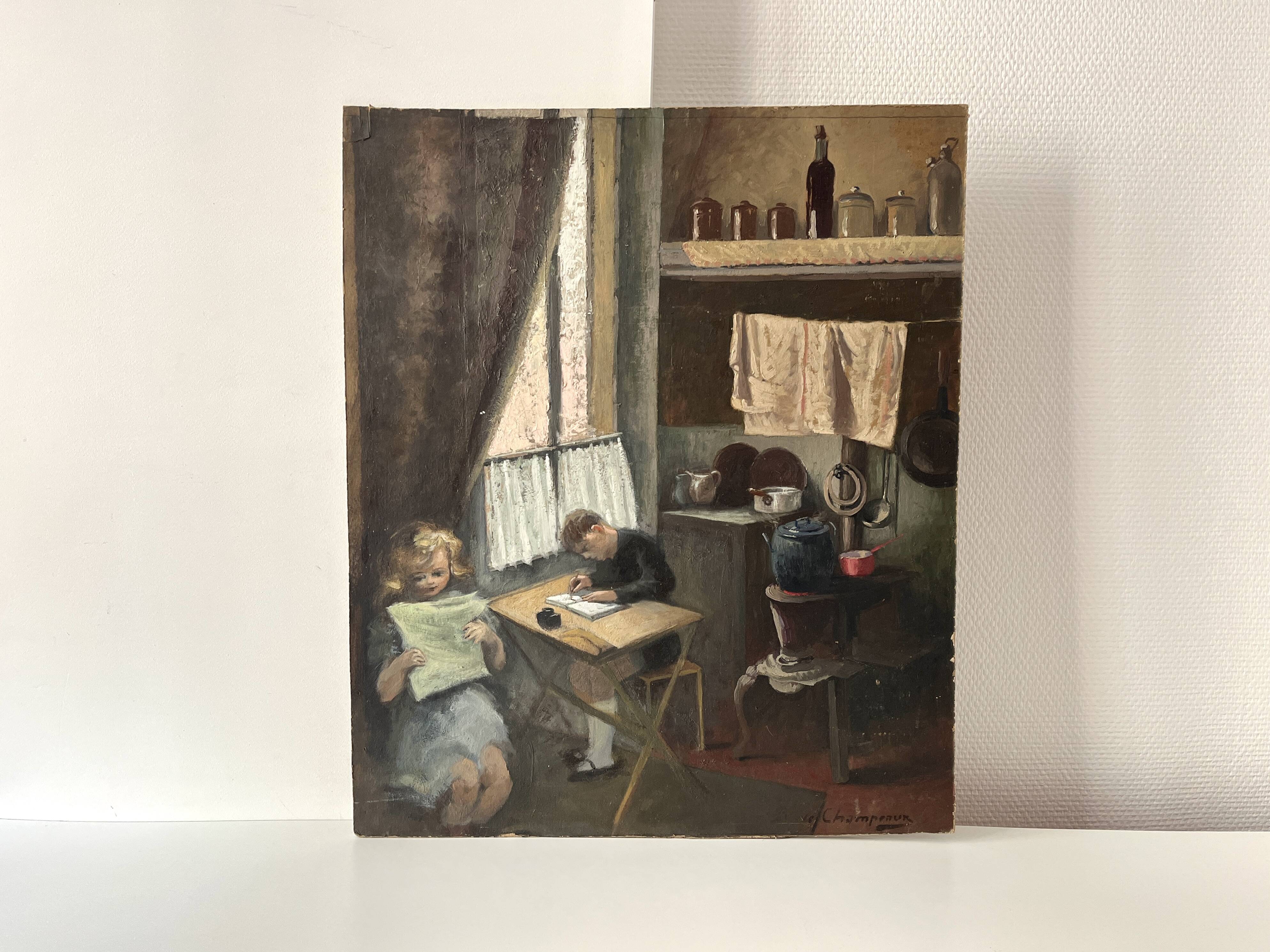Oil painting of an interior scene 1940, portrait of children signed