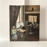 Oil painting of an interior scene 1940, portrait of children signed