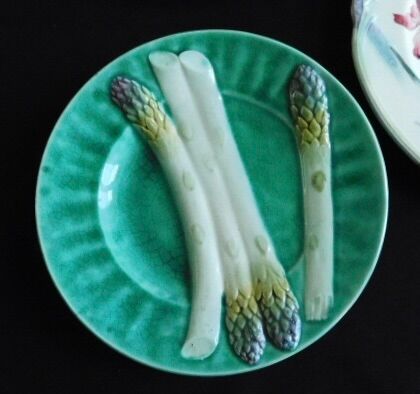 6 French Antique Asparagus Plates in Majolica