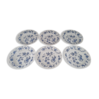 Set of 6 hollow earthenware plates decoration old pink blue