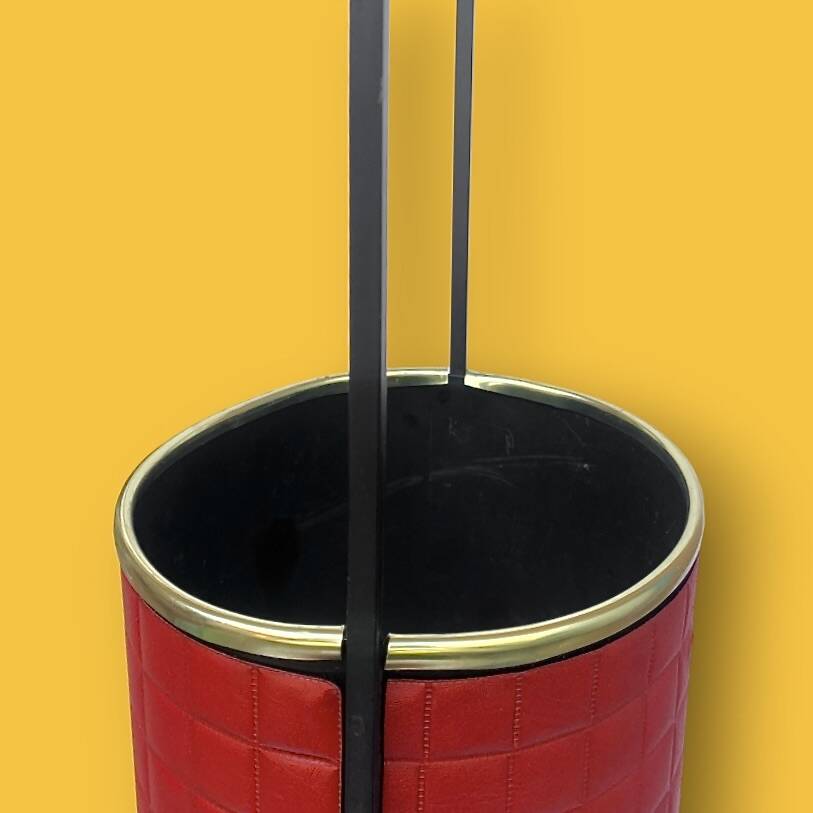Antique wrought iron and red leatherette umbrella stand – 1960s