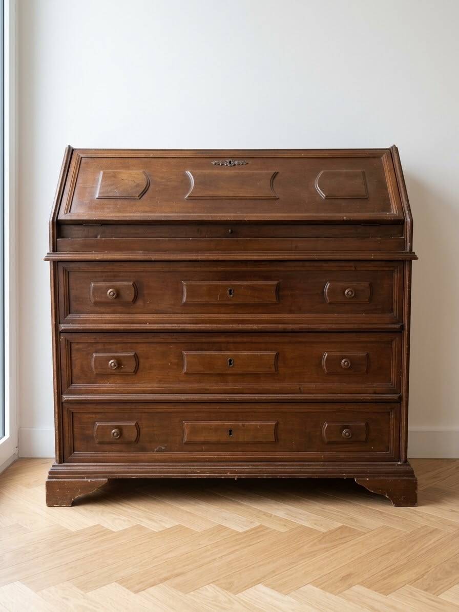 Antique wooden secretary with a drop-down front and drawers.