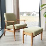 Fauteuil scandinave en bois avec repose-pieds vert olive