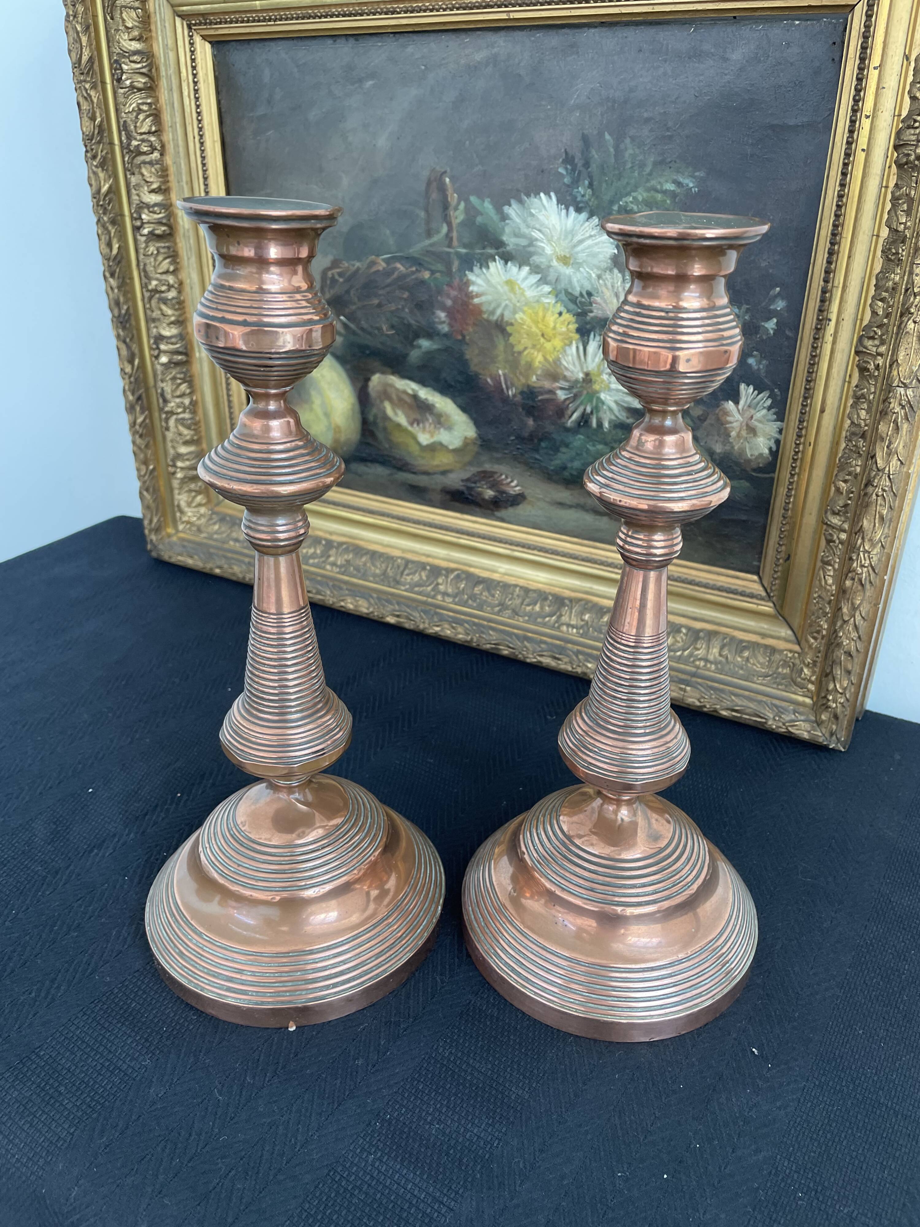 Antique, pair of candle holders, copper, brass, candle, goldsmith hallmark, old, large, massive, France