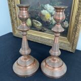 Antique, pair of candle holders, copper, brass, candle, goldsmith hallmark, old, large, massive, France