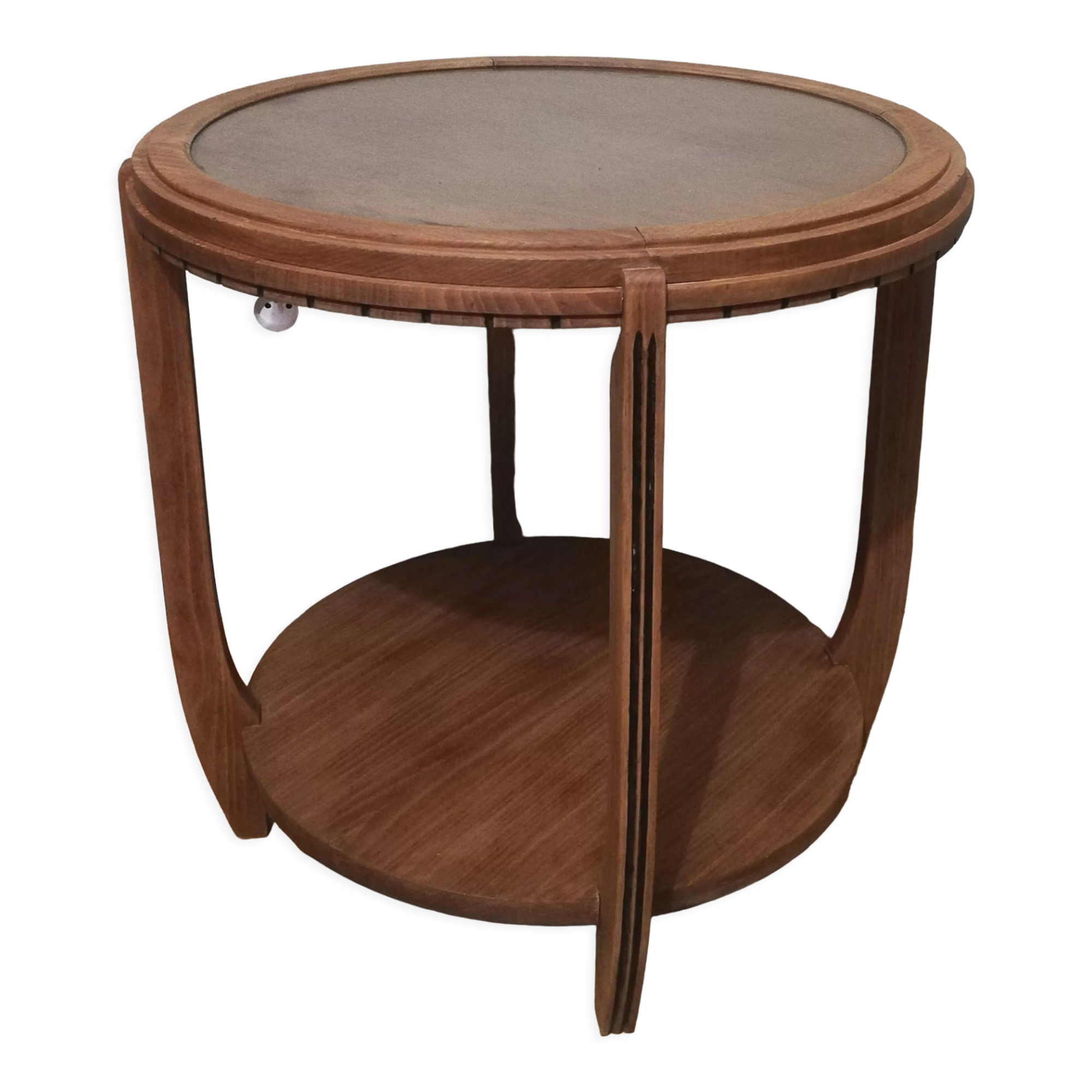 Pedestal table or art deco coffee table in walnut and glass top