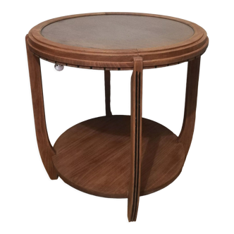 Guéridon ou table basse art déco en noyer et plateau verre