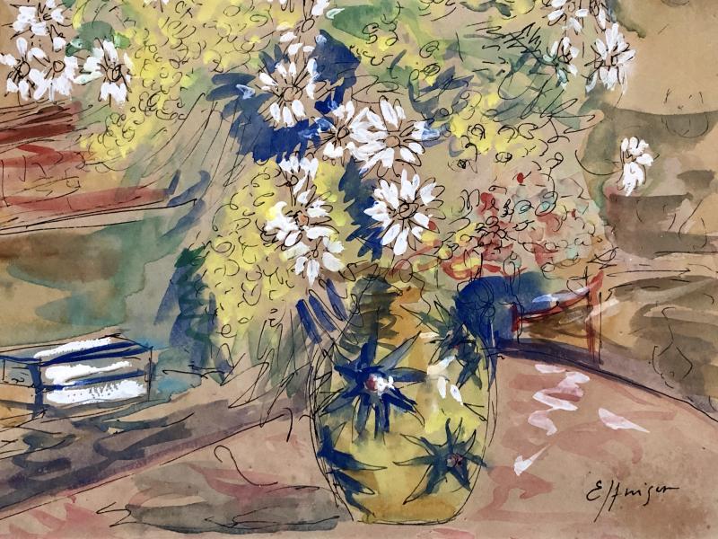 1930s/1950s, Watercolor Gouachée Figurant Un Intérieur Au Bouquet De Fleurs.