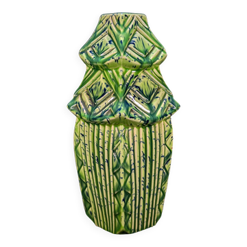 Antique French majolica vase, pagoda and bamboo, circa 1900.