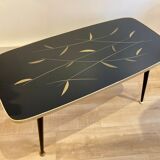 Black glass coffee table wooden legs 60s