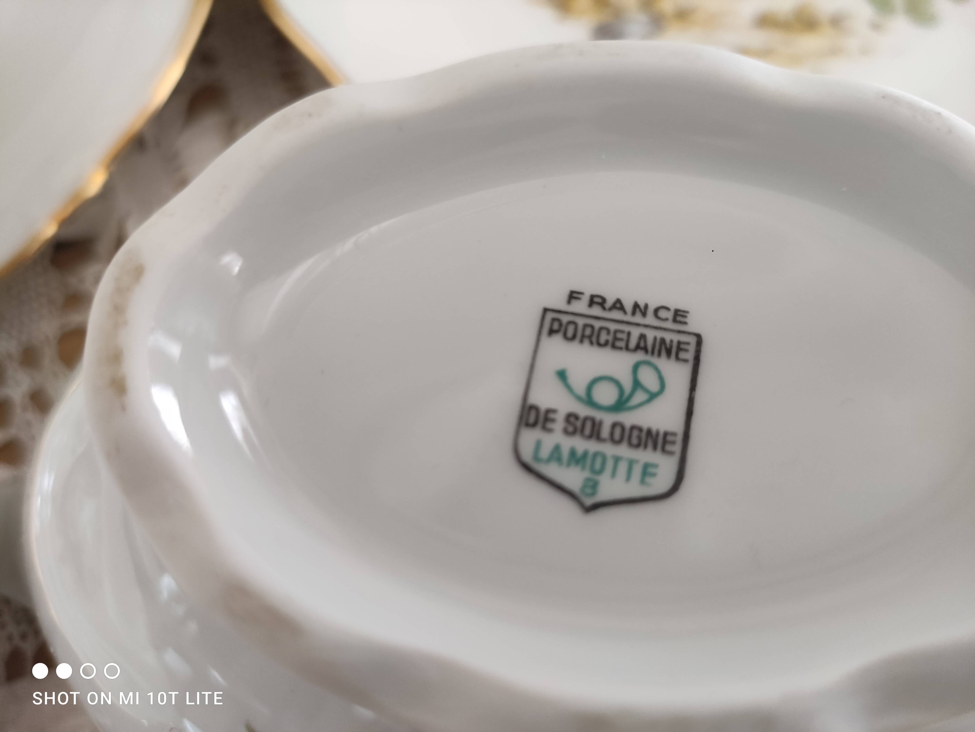 Service à poisson vintage en porcelaine de Sologne Lamotte décor poissons d'eau douce