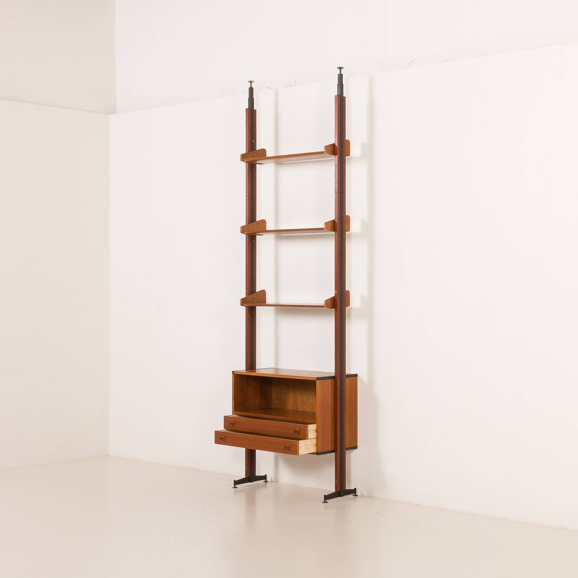 Italian floor to ceiling wall unit or room divider in teak, 1960s