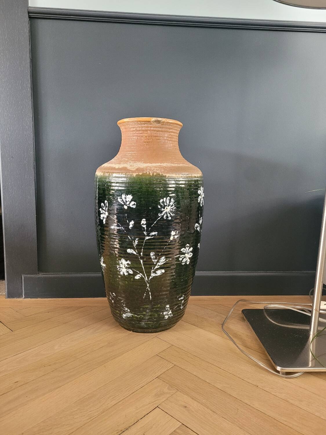 Vase de sol West Germany 7901-45 vert à motifs fleurs peints