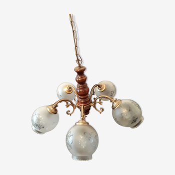 Italian chandelier 1970 in brass and wood