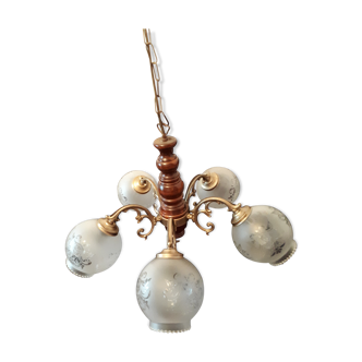 Italian chandelier 1970 in brass and wood