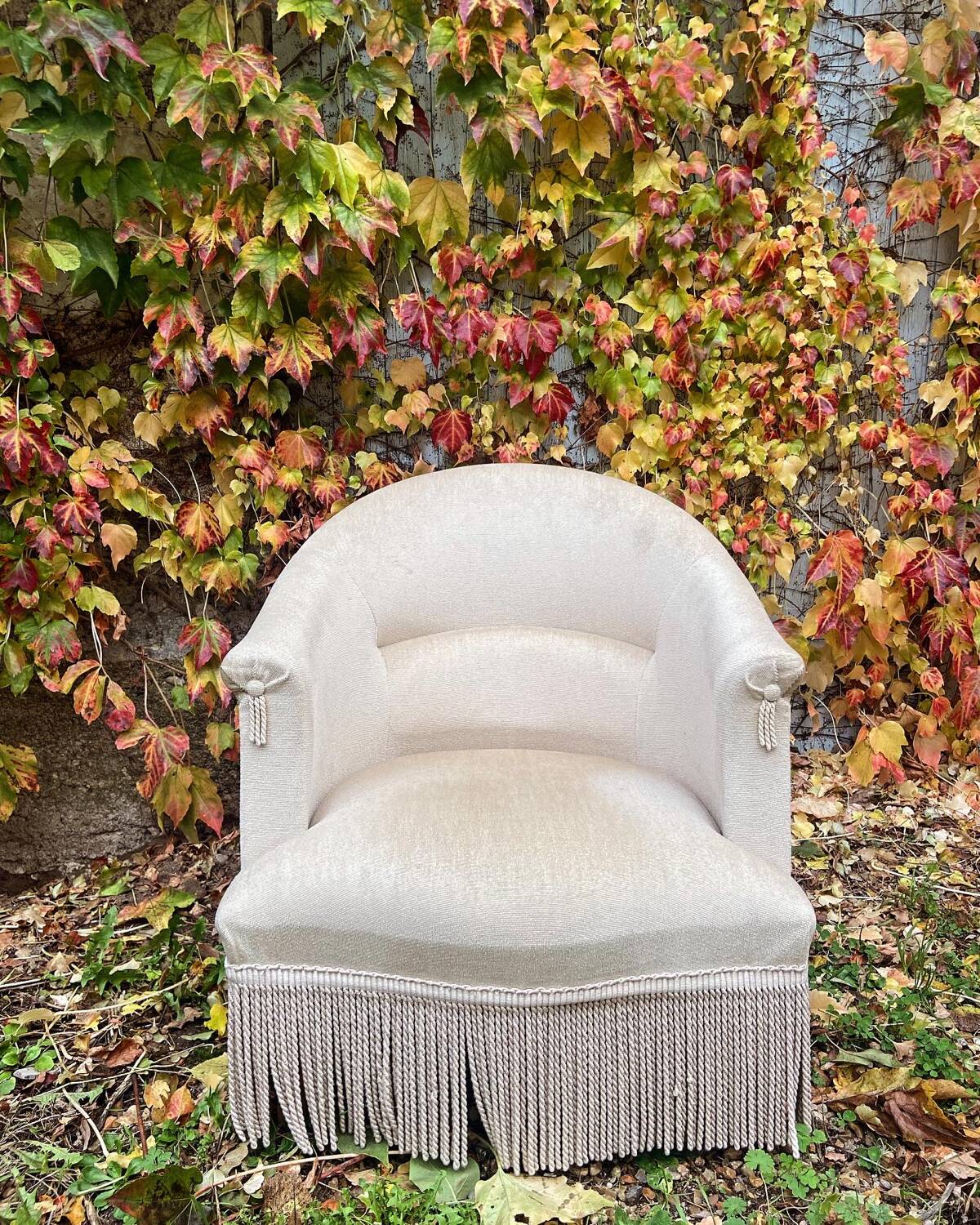 Old toad armchair in beige velvet