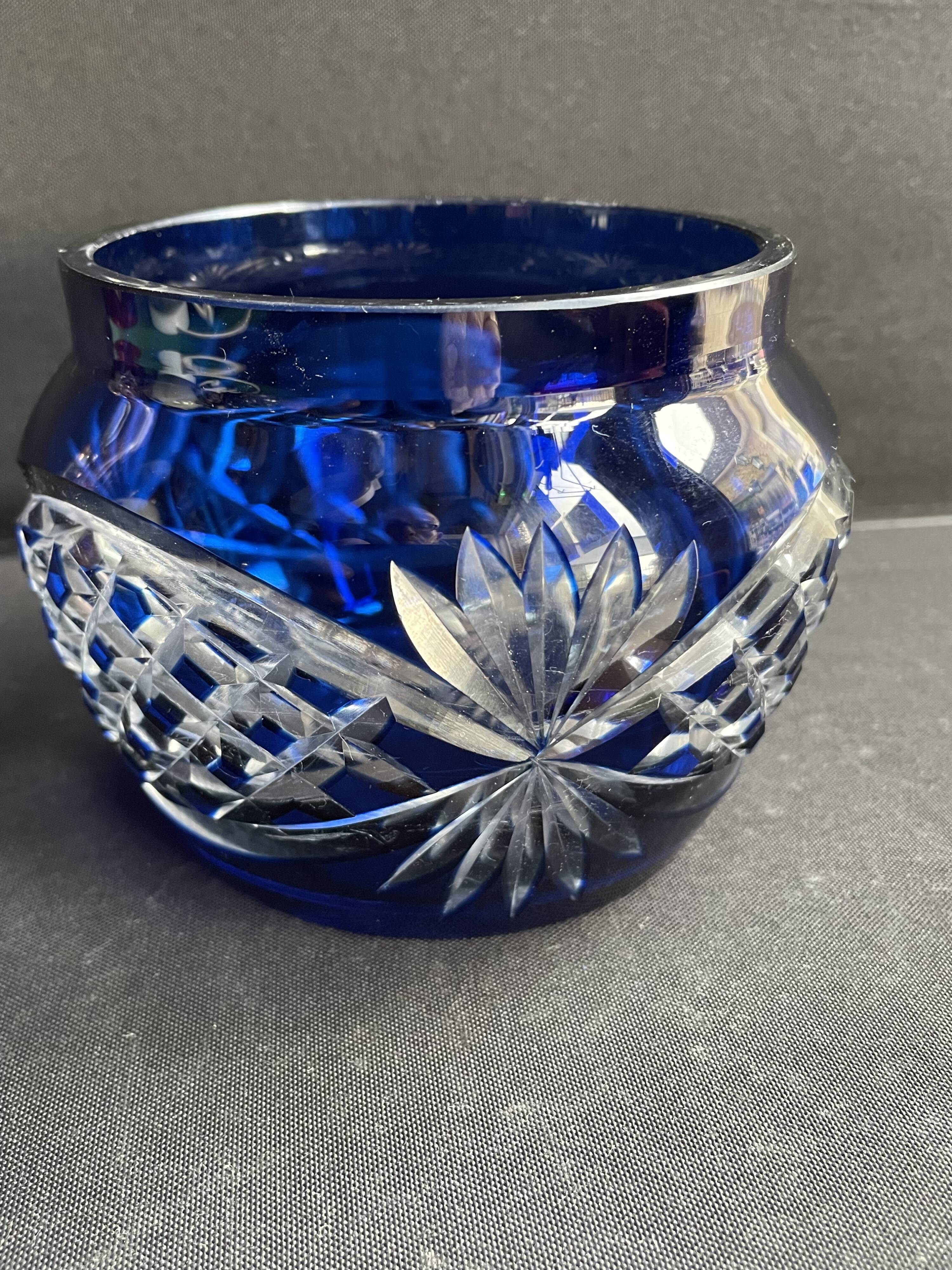 Cobalt blue overlay cut crystal vase