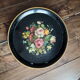 Large vintage round tray in black metal floral decoration hand-painted gold eder