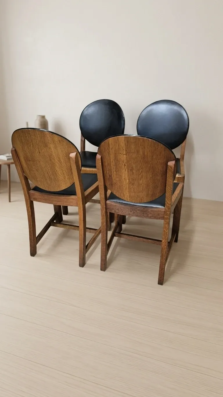 Set of four vintage wooden dining chairs with black leather upholstery, 85 × 45 × 45 cm