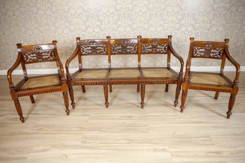 Antique Rosewood Parlor Set with Carved Backrests, Set of 3