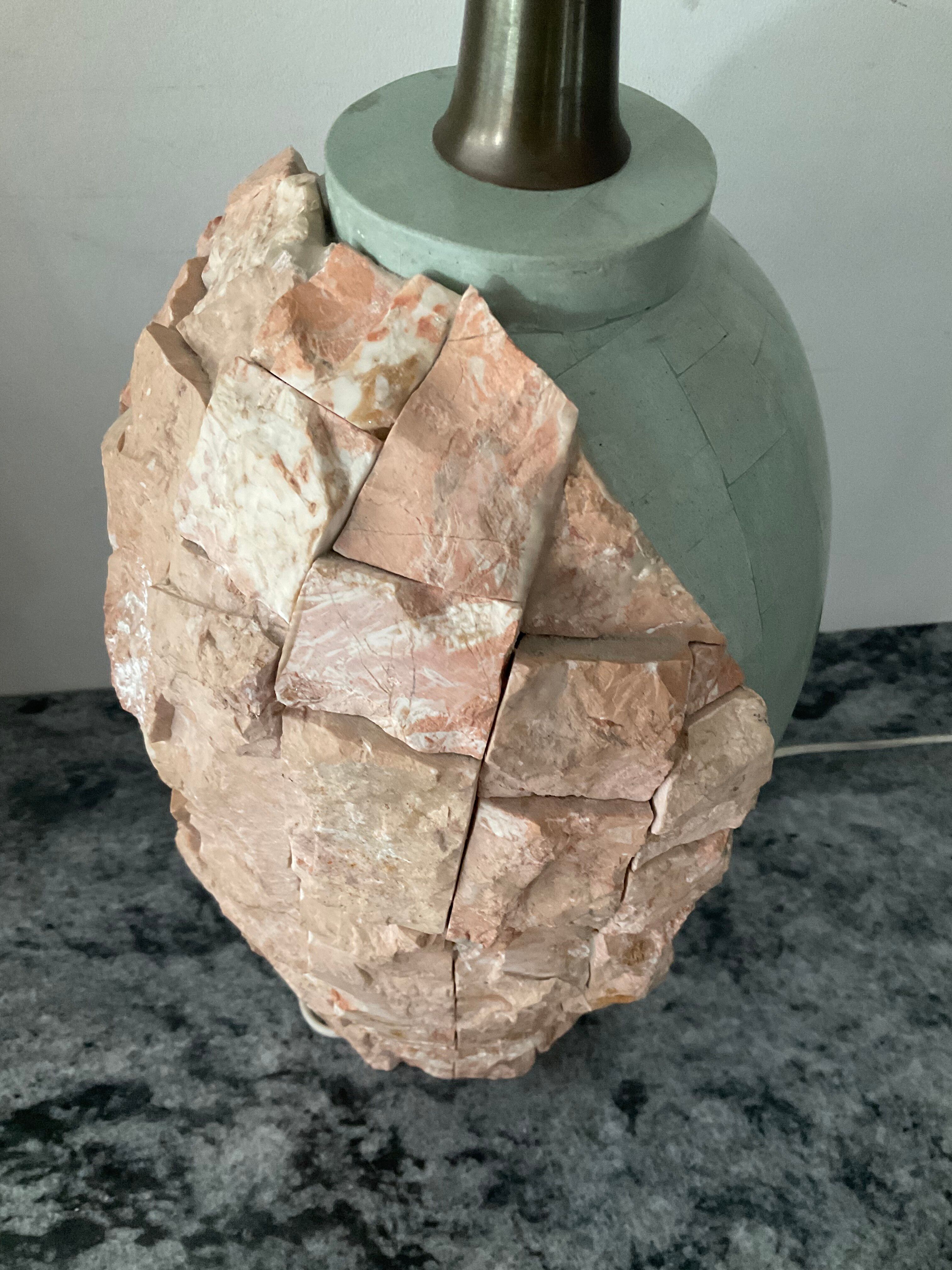 Vintage lamp base in Mactan stone and green marble.