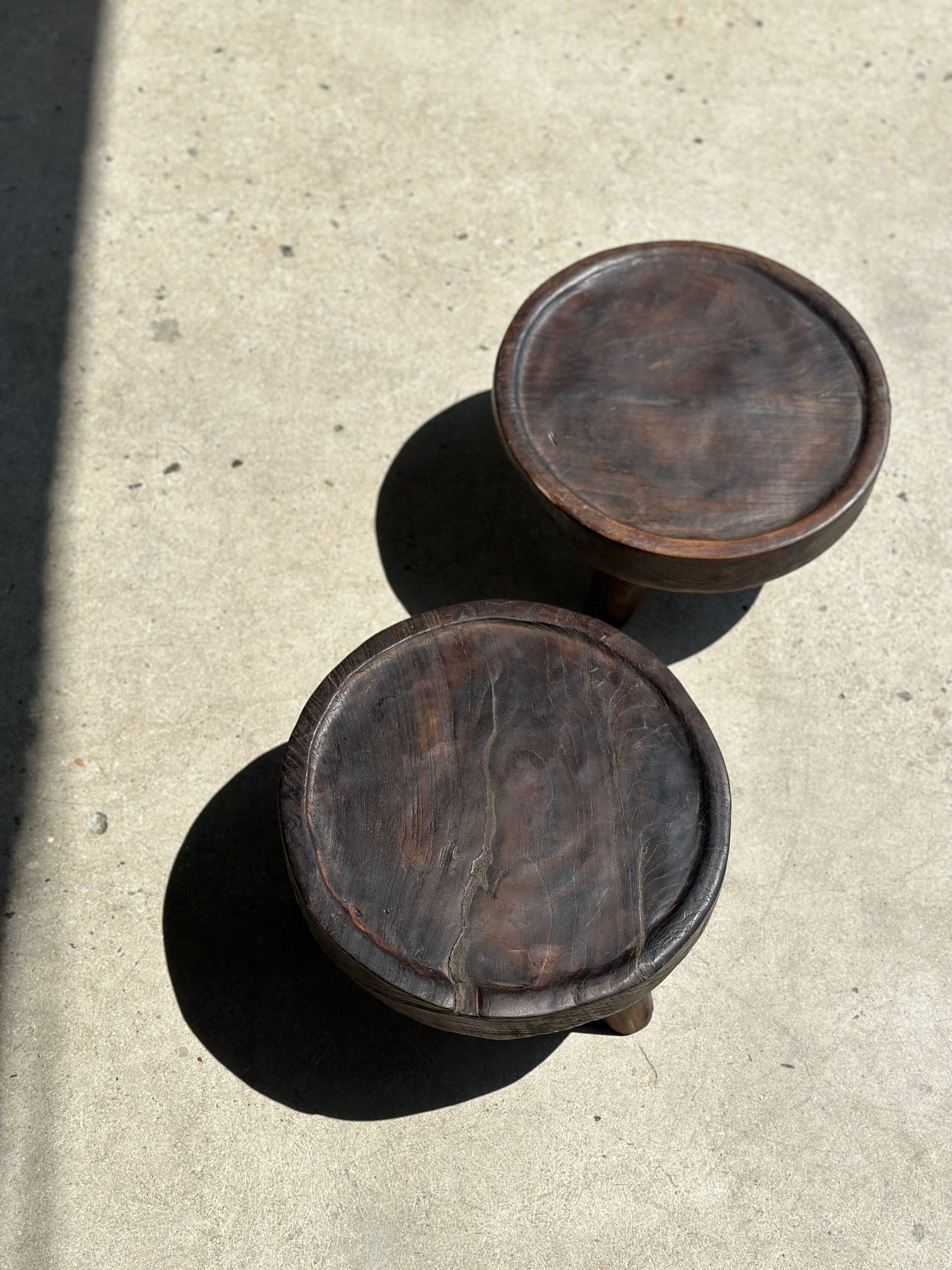 Small tripod stool low in dark brown upcycled teak