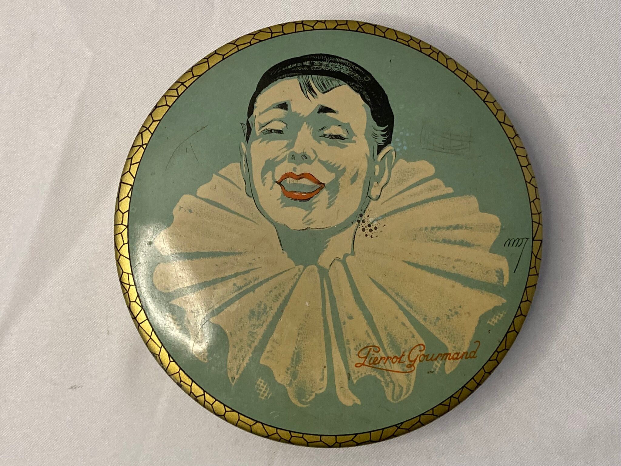Metal box Pierrot Gourmand signed around 1930