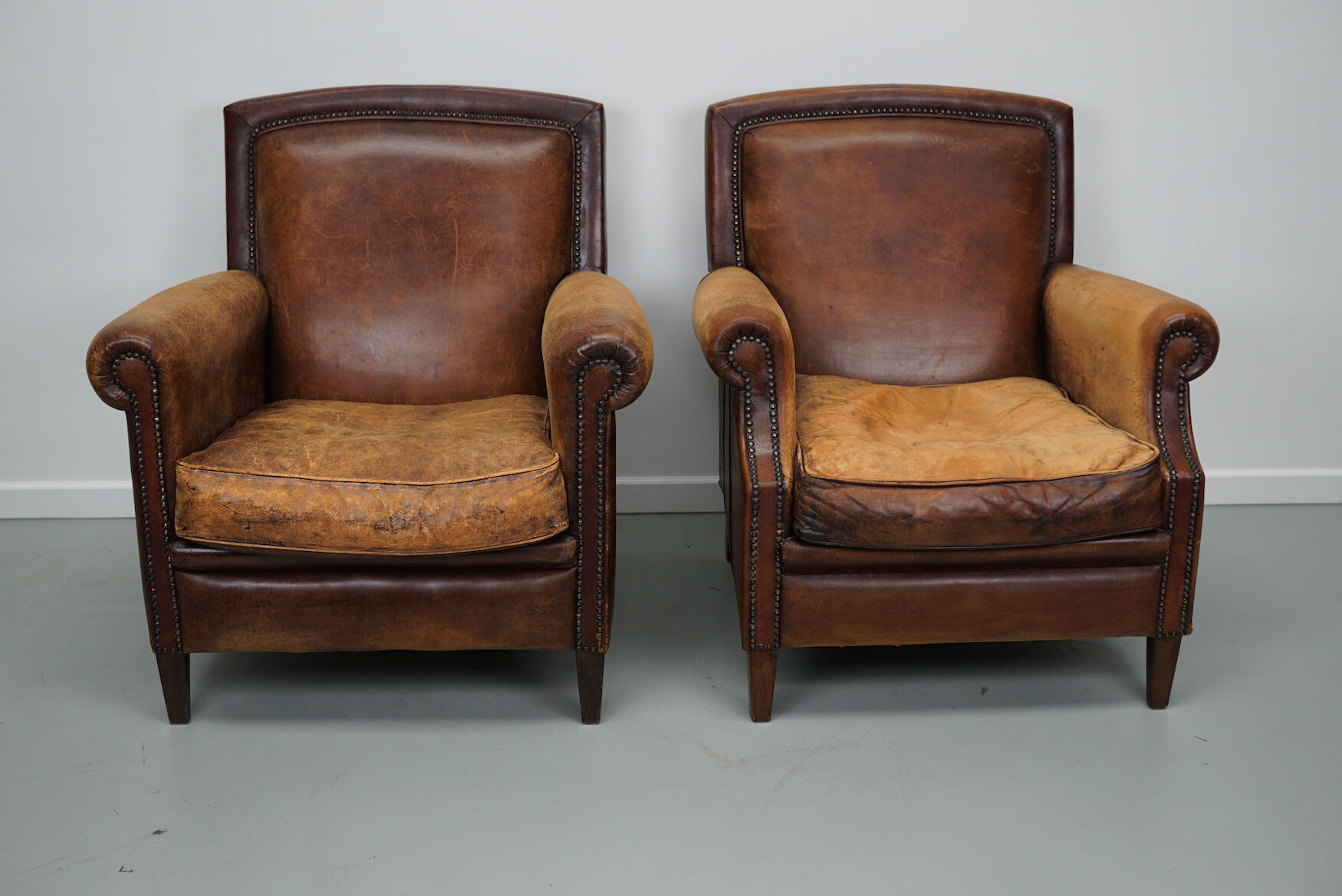 Vintage dutch cognac colored leather club chairs