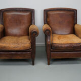 Vintage dutch cognac colored leather club chairs