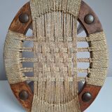 Vintage rope and wood stool, bedside table, old sofa end table