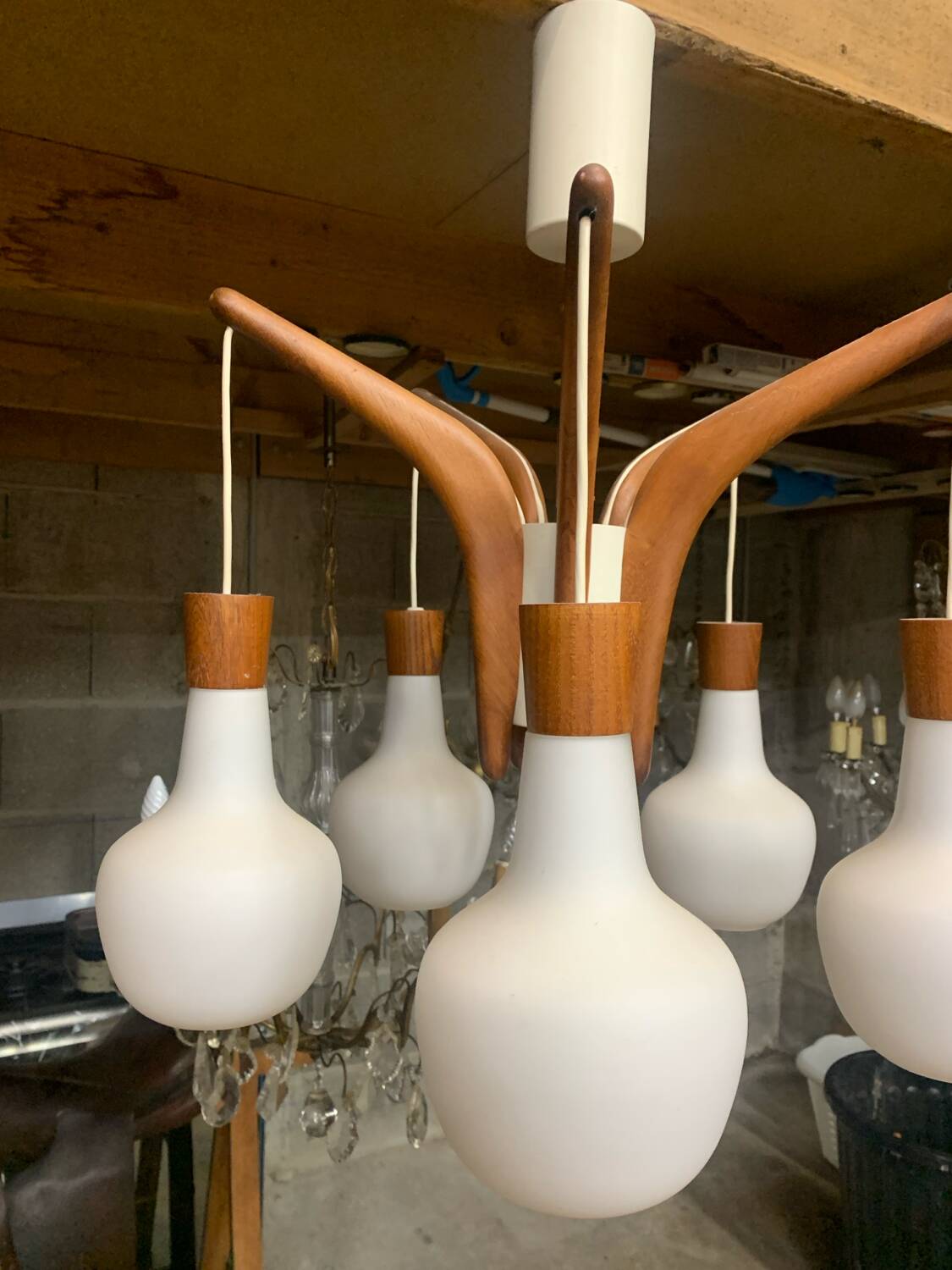 Teak and opaline Rispal chandelier, circa 1960.