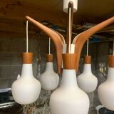 Teak and opaline Rispal chandelier, circa 1960.