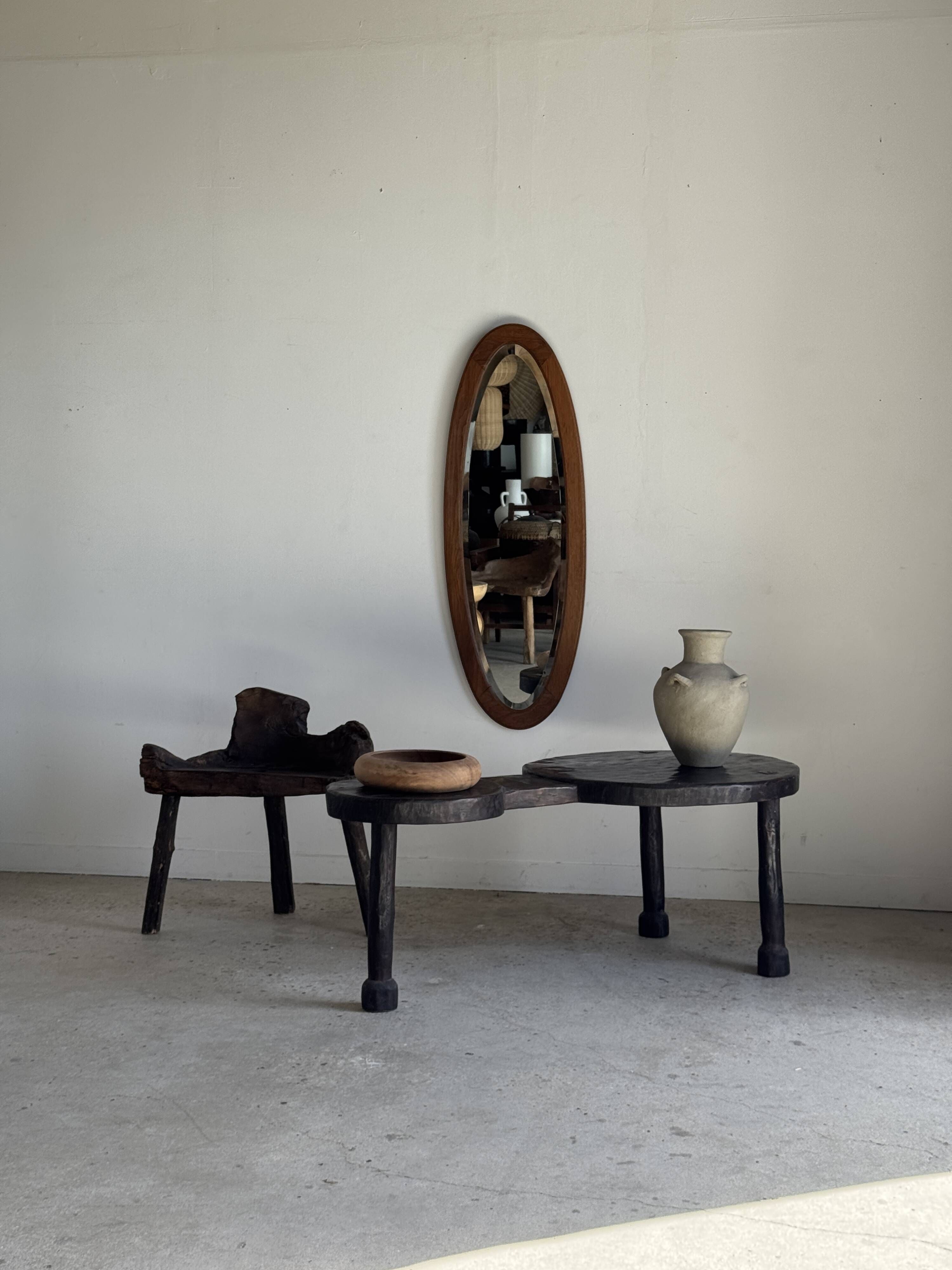 Vintage oval mirror in oak with bevelled glass H120 W43 D2