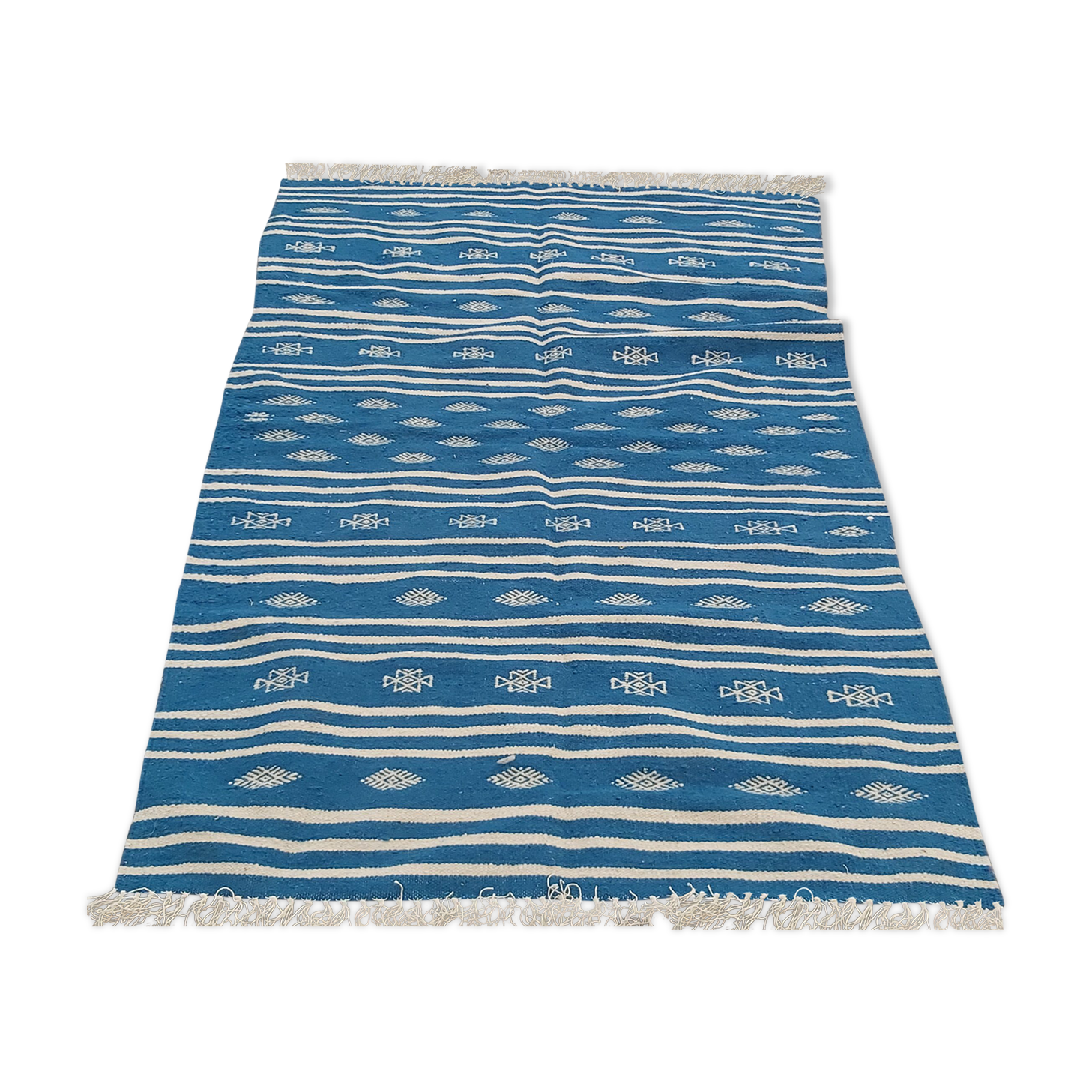 Tapis kilim traditionnel bleu et blanc fait main en pure laine - 195x115cm