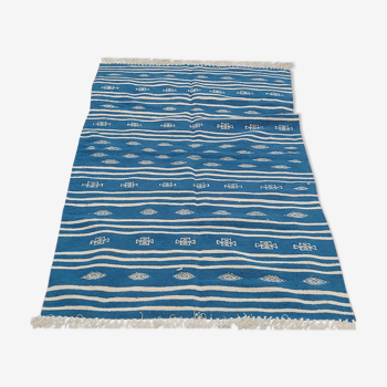 Tapis kilim traditionnel bleu et blanc fait main en pure laine - 195x115cm