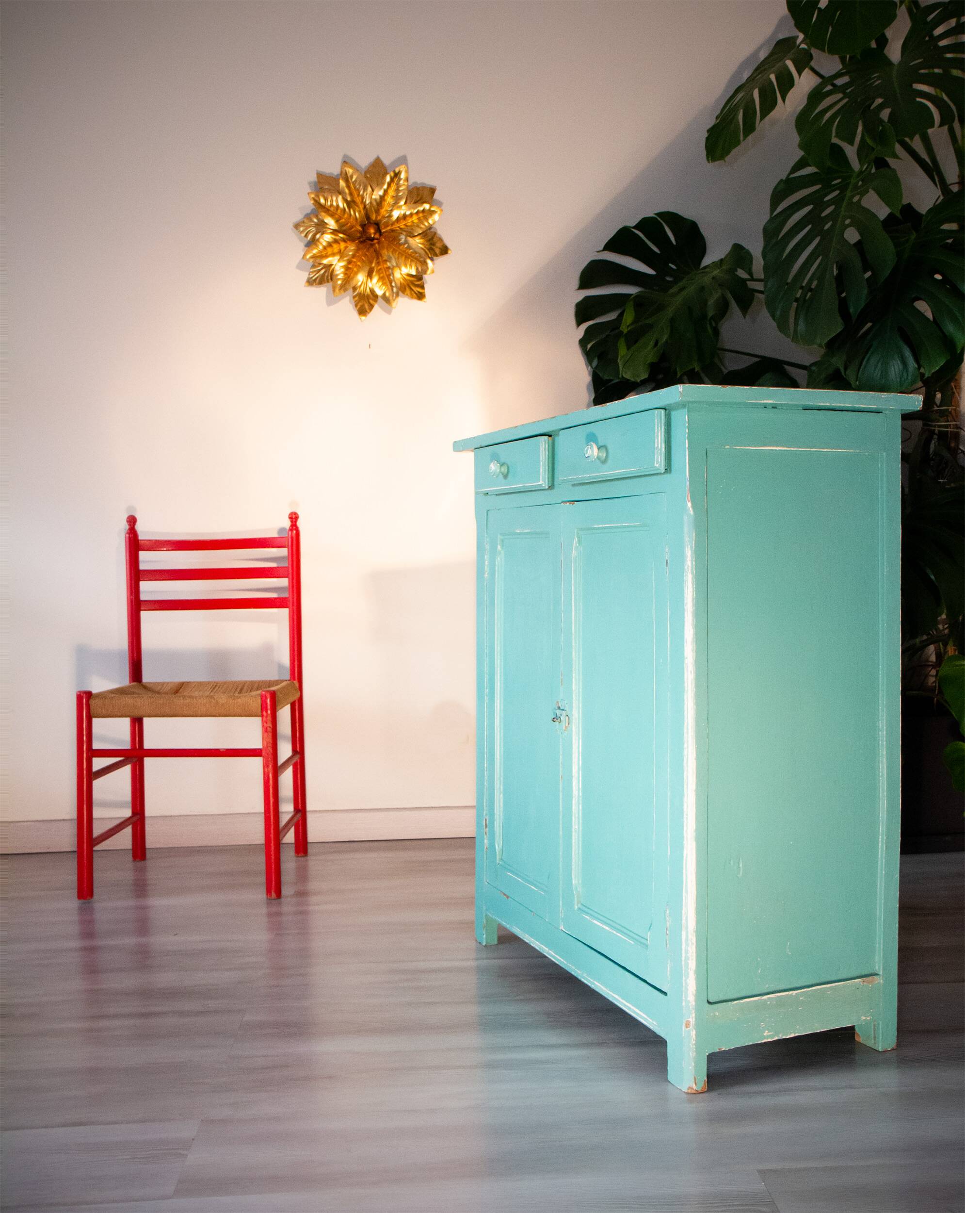Parisian water green sideboard, patinated wood, 1950