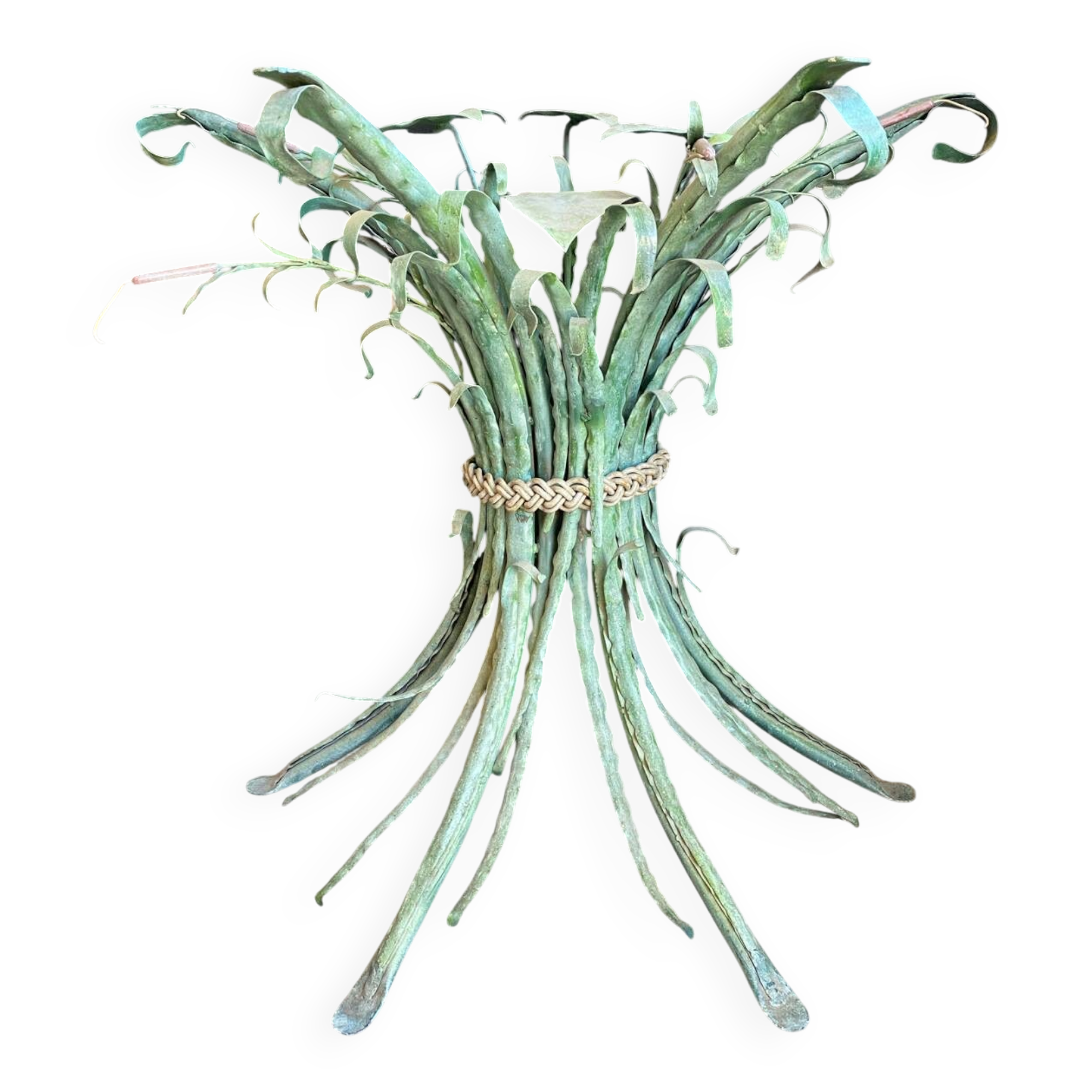 Console vintage en metal patiné feuilles de roseau