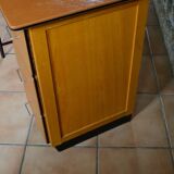 Beech and orange leatherette desk with 3 drawers, 60s/70s
