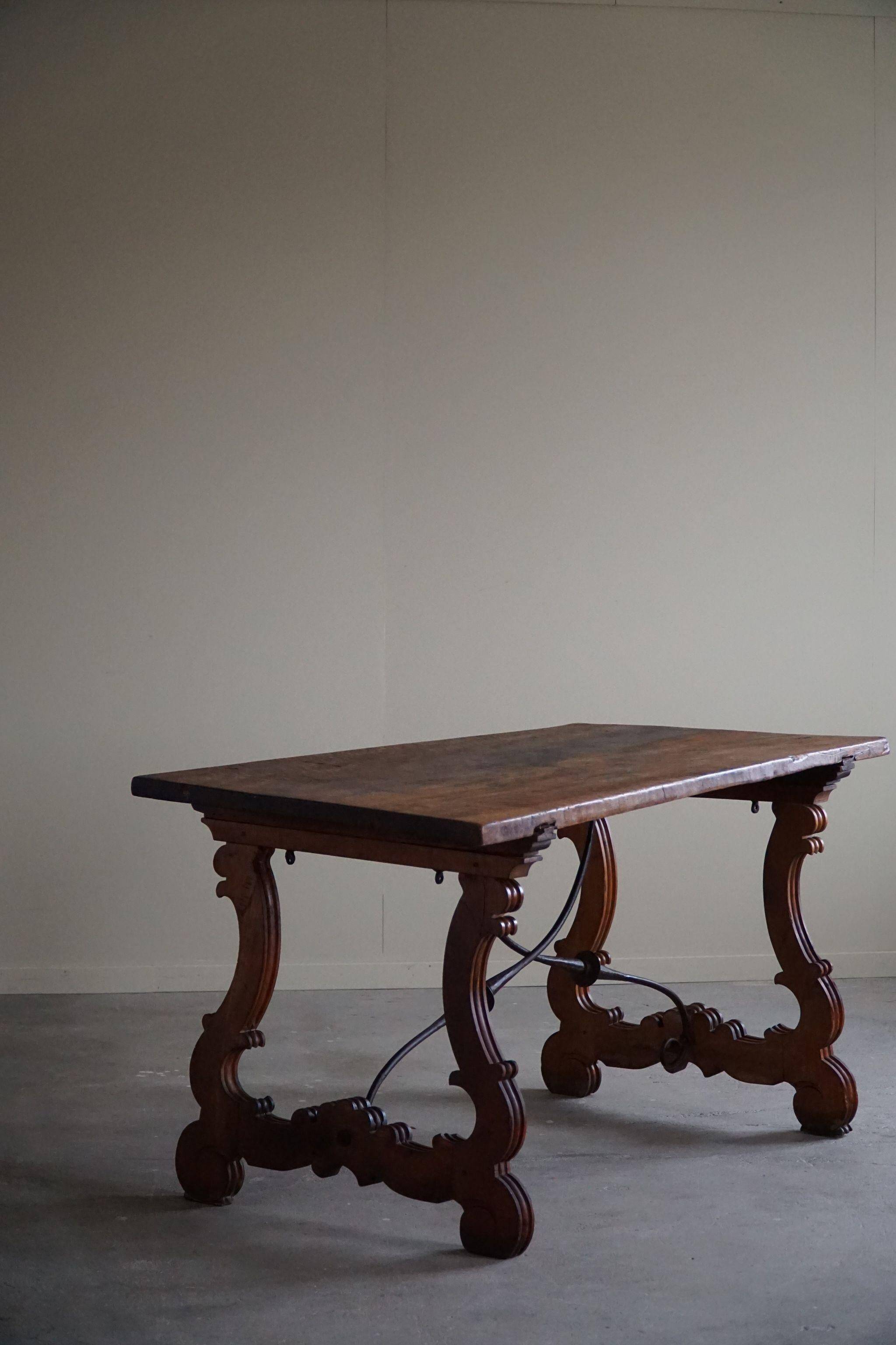 Brutalist table in antique Spanish solid oak and wrought iron, 19th century.