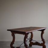 Brutalist table in antique Spanish solid oak and wrought iron, 19th century.