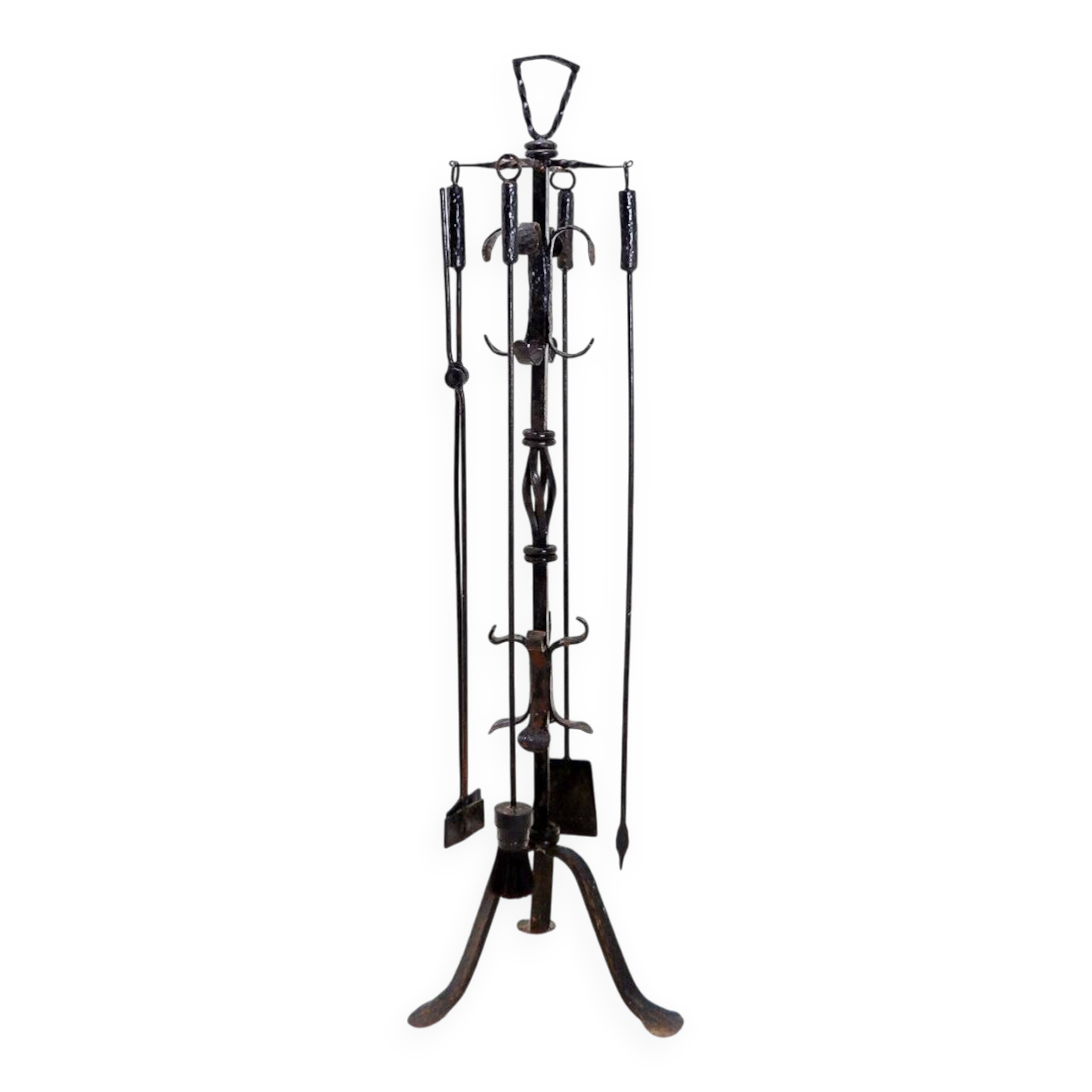 Large Wrought Iron Hammered Fireplace Tool Set: H 127cm