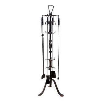 Set d'outils pour cheminée en fer forgé martelé : H 127cm
