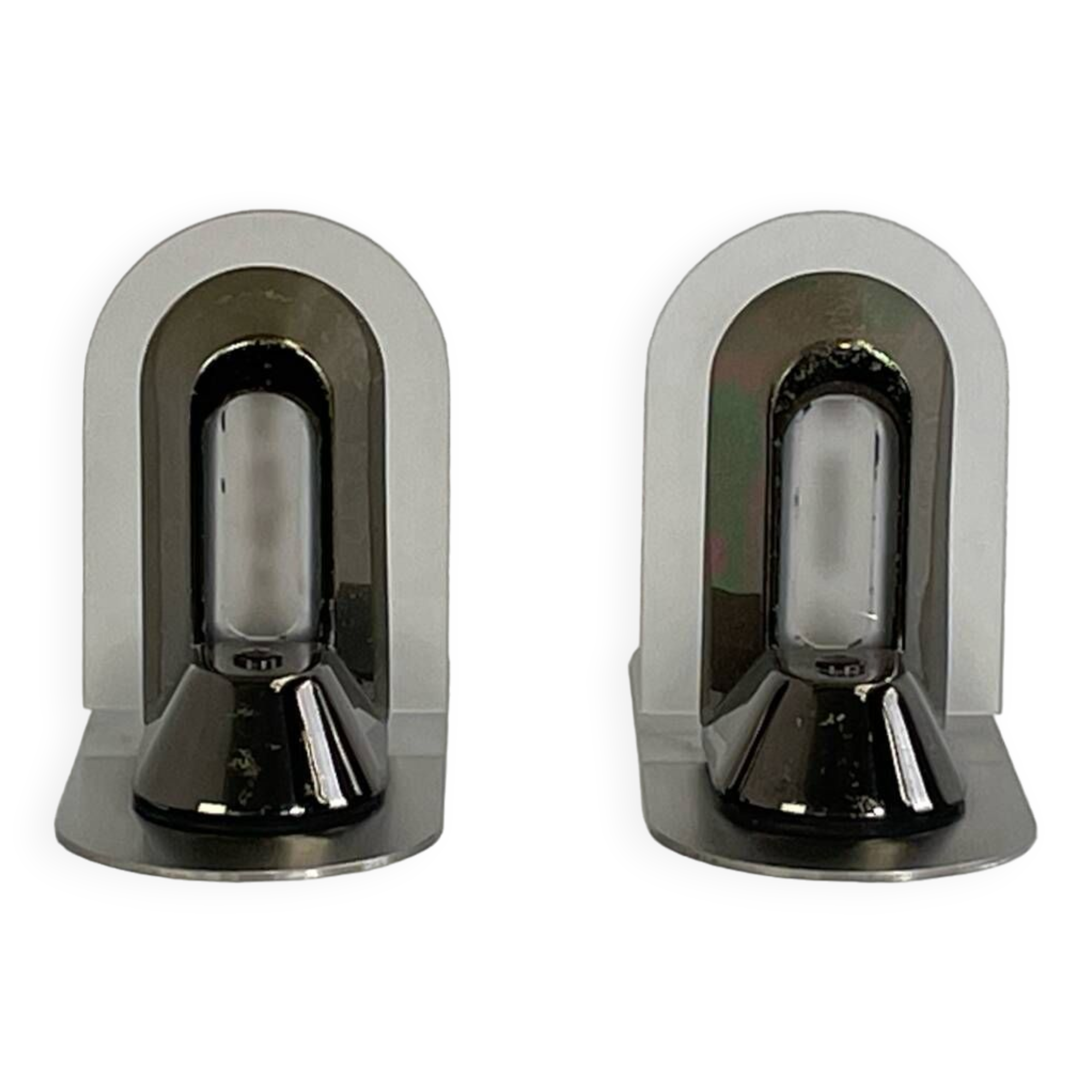 Pair of vintage stainless steel and glass wall lights