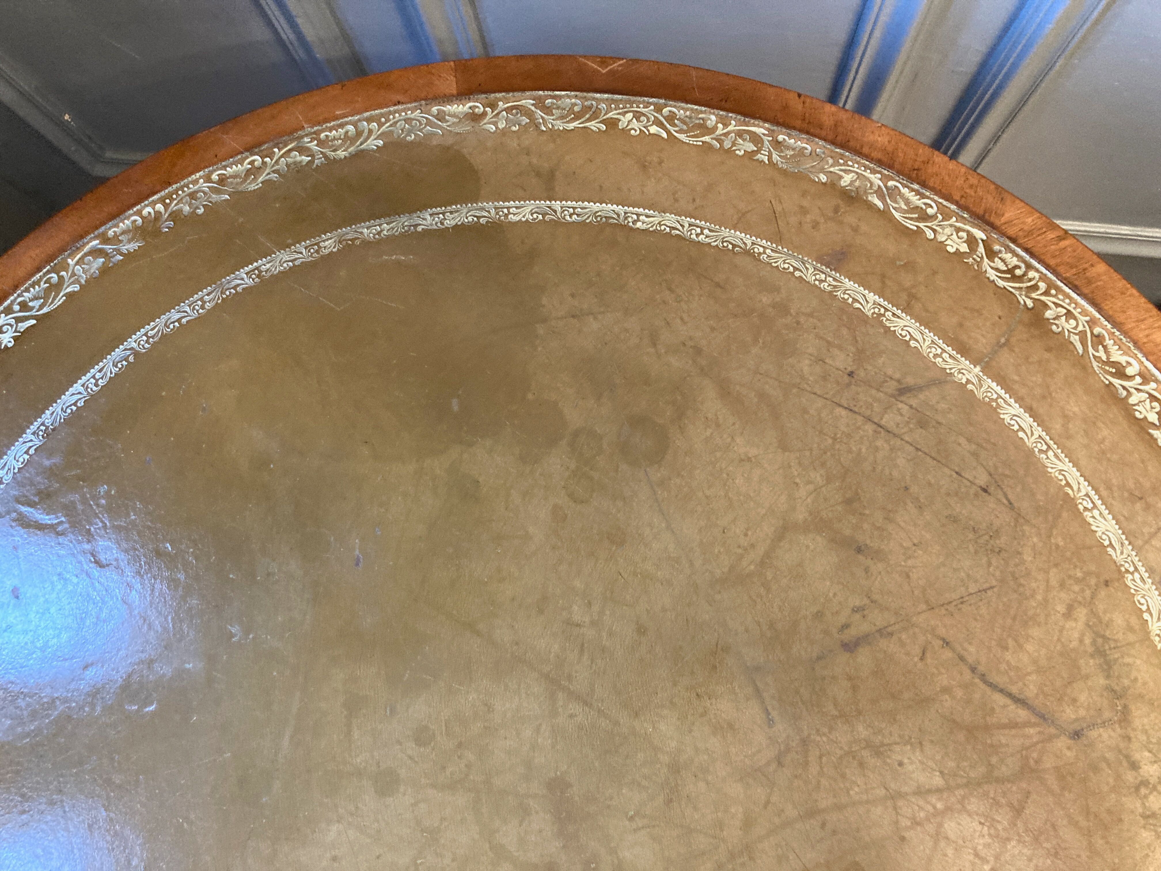 Old drum table 1900 cherry leather and brass